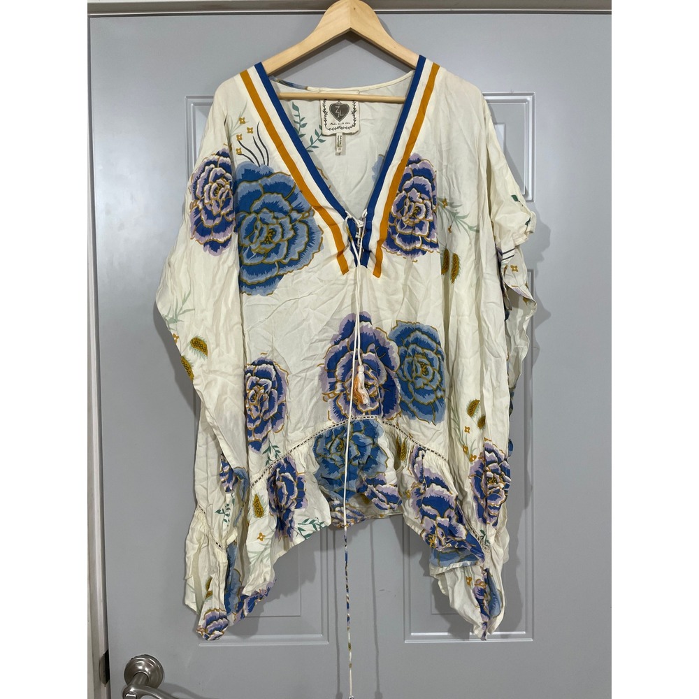 Z&L Europe Floral‎ Kimono Top Womens OS Cream Blue Good Boho Lace Up TJX01811